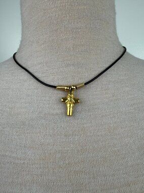 Gold Tone Cross Pendant on Black Leather Cord Necklace Made in Greece 18"